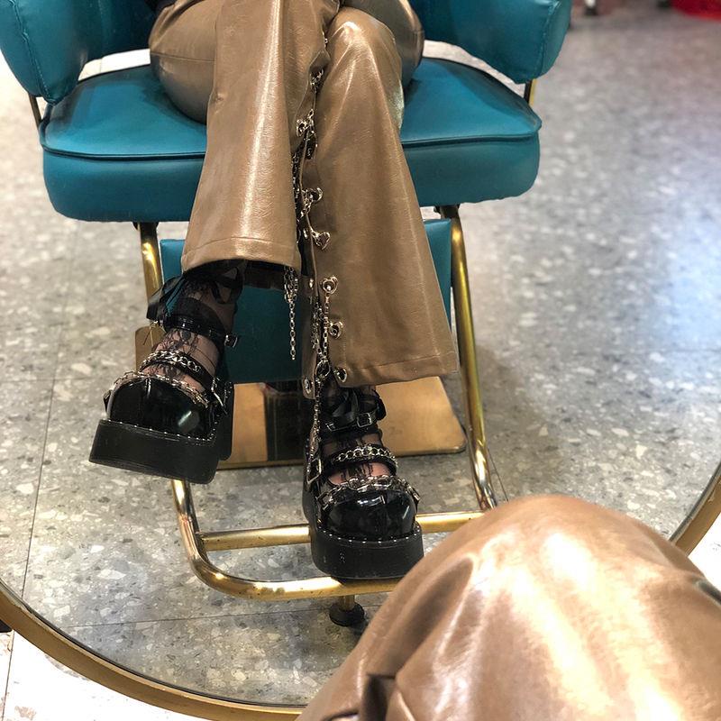 Giày Da Bít Mũi Đế Dày Phối Dây Xích Kim Loại Phong Cách Gothic Thời Trang Cho Nữ