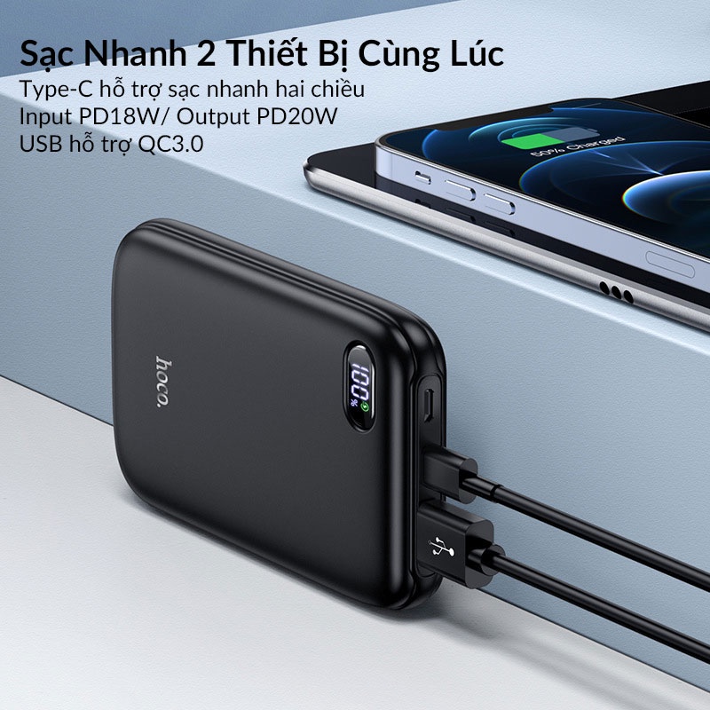 Sạc Dự Phòng Mini 10000mAh Sạc Nhanh PD 20W + QC 3.0 HOCO Q2 Đèn Led Báo Pin  Cho iPhone Samsung Xiaomi Oppo Njoyshop