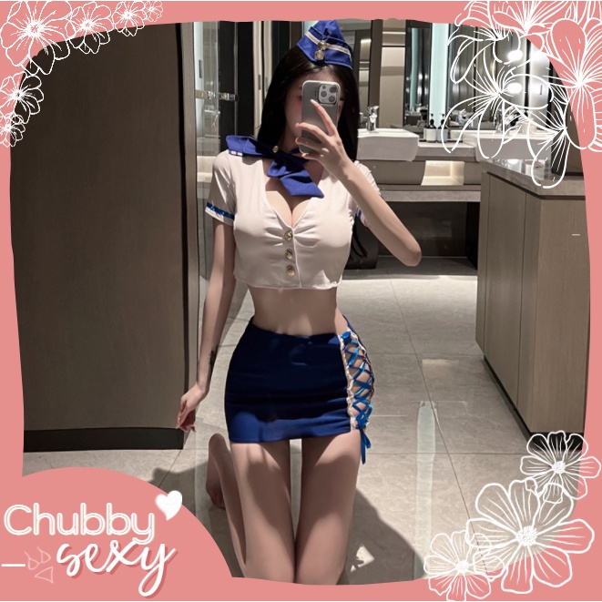 Cosplay Tiếp Viên Hàng Không Set Đồ Lót Cơ Trưởng Chuyến Bay Váy Đan Dây Kèm Nơ Và Mũ Sexy Quyến Rũ - CPL50- Chubby.Sexy