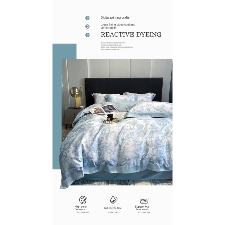 100 Tencel four-piece set summer ice silk bed sheet quilt cover light luxury Nordic style bed hat three-piece set bedding 4