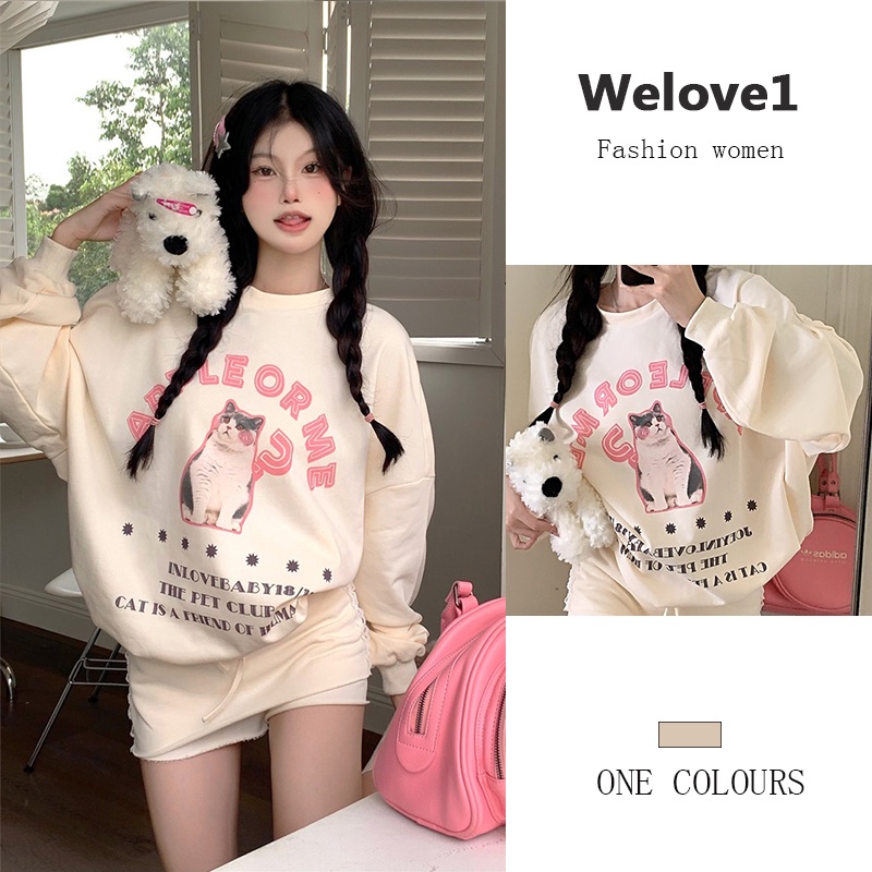 Áo sweater Tay Dài Cổ Tròn Dáng Rộng In Hình Mèo Phong Cách Hàn Quốc Dành Cho Nữ