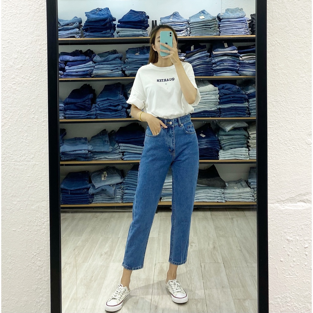 Quần Mom Jeans Nữ Lưng Cao Màu Xanh Đậm M-03C