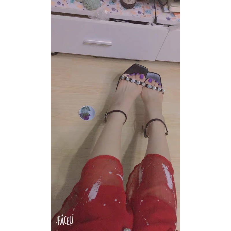 :Giày Sandal gót dẹt đính đá cao cấp 9cm- ORD