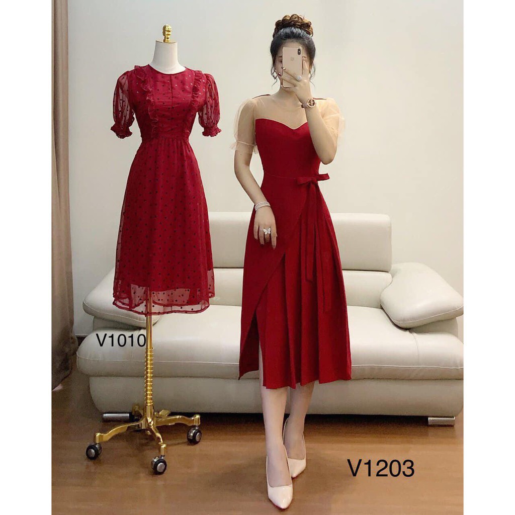 [ xả kho ] MiD Đầm đỏ cách điệu cánh tiên, thắt nơ eo V1203 kèm ảnh thật