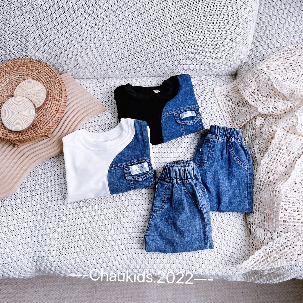 [SALE] Bộ Cotton Phối Jeans Bé Trai Túi Ngực, Bộ Quần Áo Cho Bé Mặc Đi Chơi CKTD14