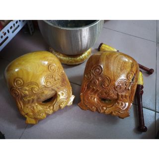 Chuông mõ 3 tay - chuông đồng nguyên phôi - mõ gỗ mít lõi