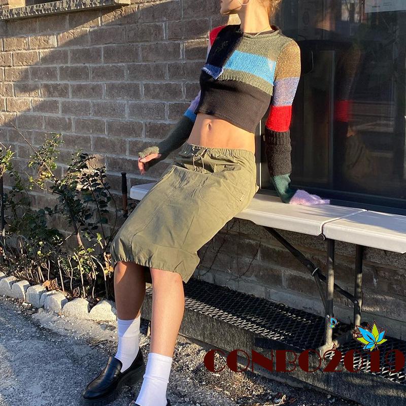 Áo Croptop Tay Dài Cổ Tròn Màu Sắc Tương Phản Thời Trang Cho Nữ