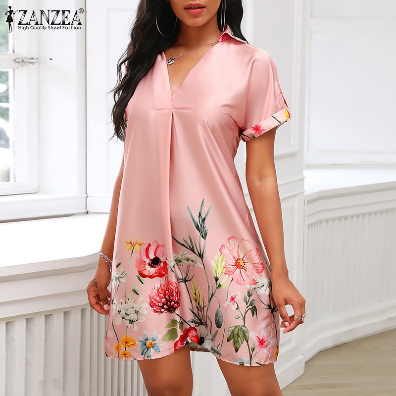 Đầm ngắn ZANZEA cổ chữ V hoạ tiết in bông hoa tinh tế dáng chữ A cổ điển ngọt ngào cho nữ