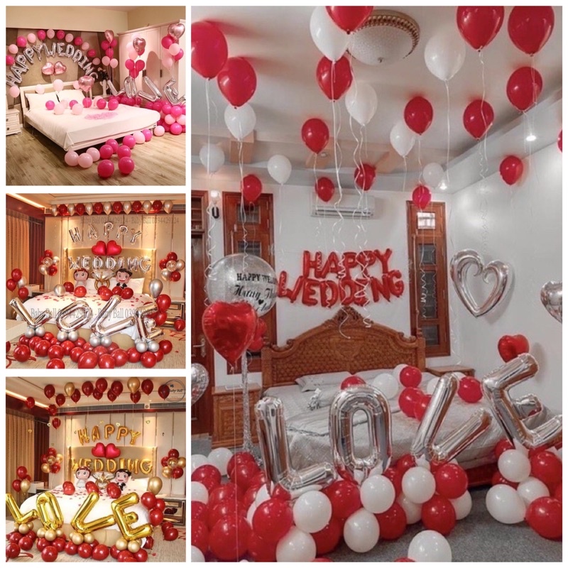 [ TẶNG BƠM VÀ KEO DÁN] Sét Bóng Happy Wedding Trang Trí Phòng Cưới HOT[ Tặng 100 Cánh Hoa]
