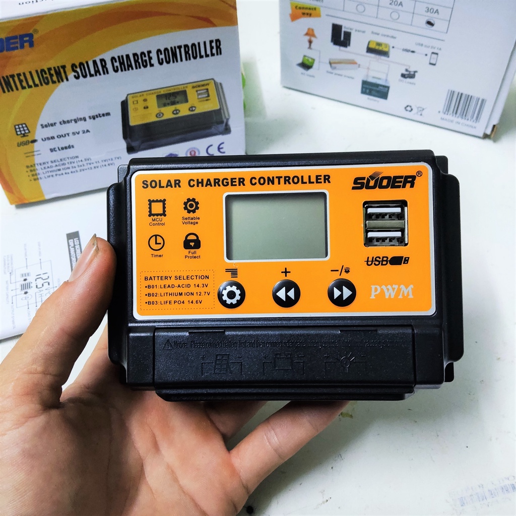 Điều khiển sạc năng lượng mặt trời SUOER 12V-24V 30A ST-S1230. Sạc được cả bình 12V và 24V