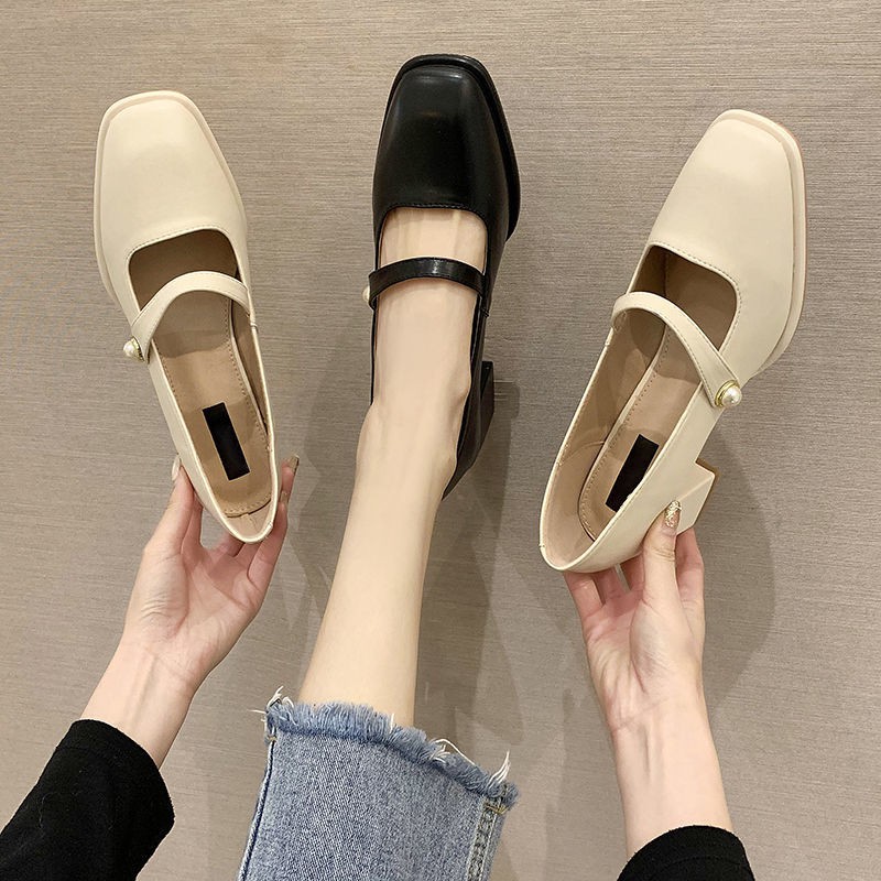 Giày Cao Gót Mũi Vuông Phong Cách Retro Pháp 2021 Dành Cho Nữ