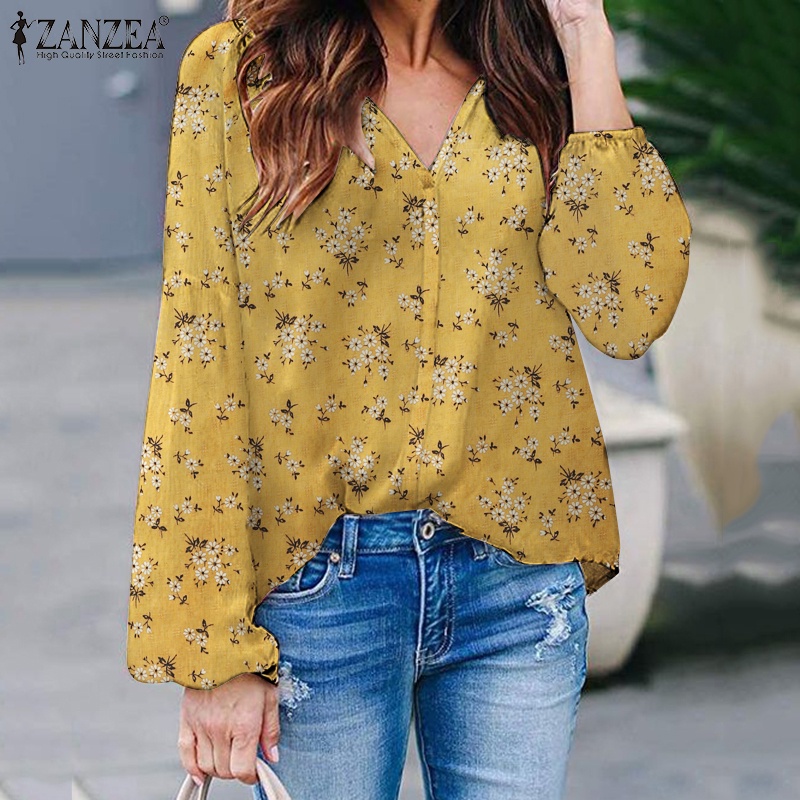 Áo kiểu ZANZEA tay phồng cổ chữ V hoạ tiết hoa phong cách Châu Âu nữ tính thanh lịch