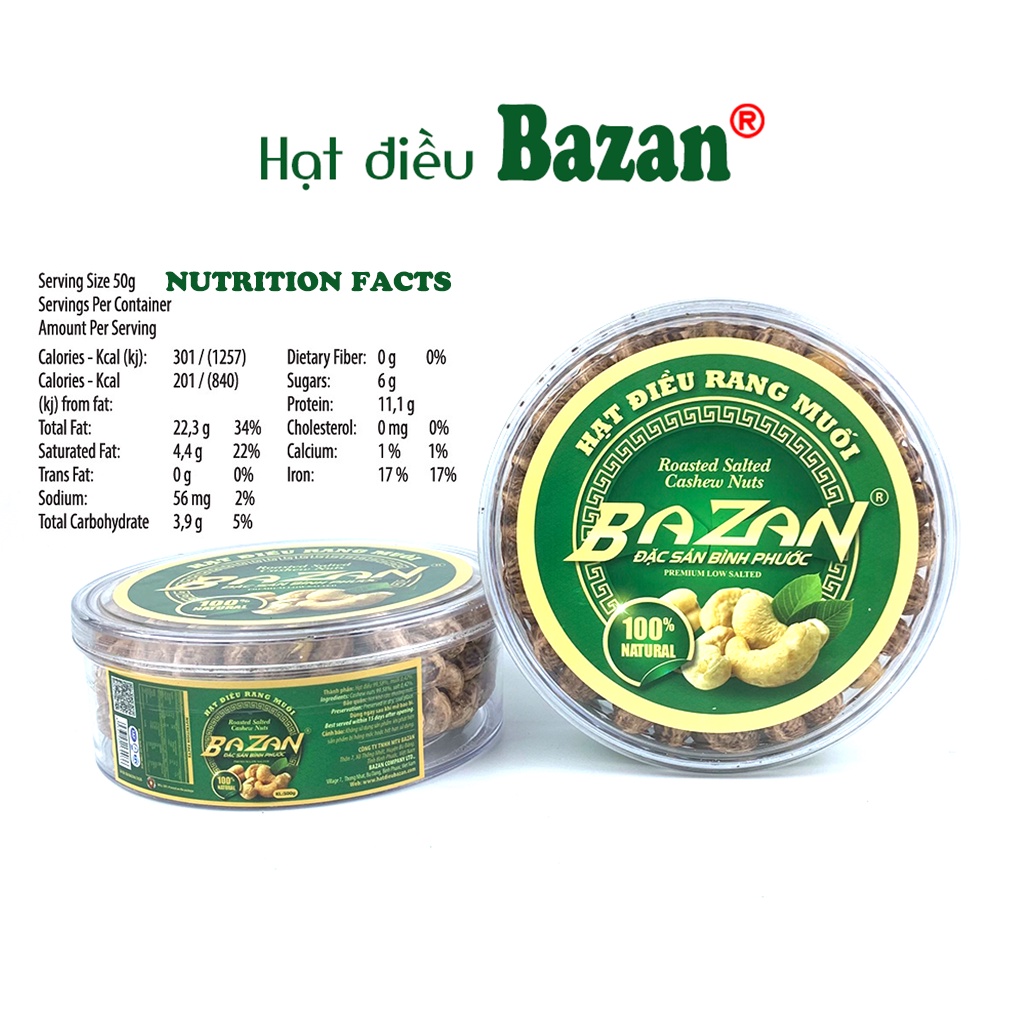 Hạt điều rang muối Bazan Bình Phước nguyên hạt dinh dưỡng A+ loại 1 hộp tròn 500g xếp hoa | BigBuy360 - bigbuy360.vn