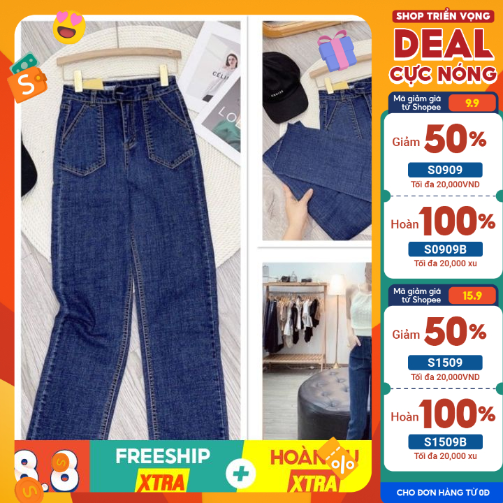 Quần Jeans ống đứng túi dán cạp cao tôn dáng(kèm ảnh thật)