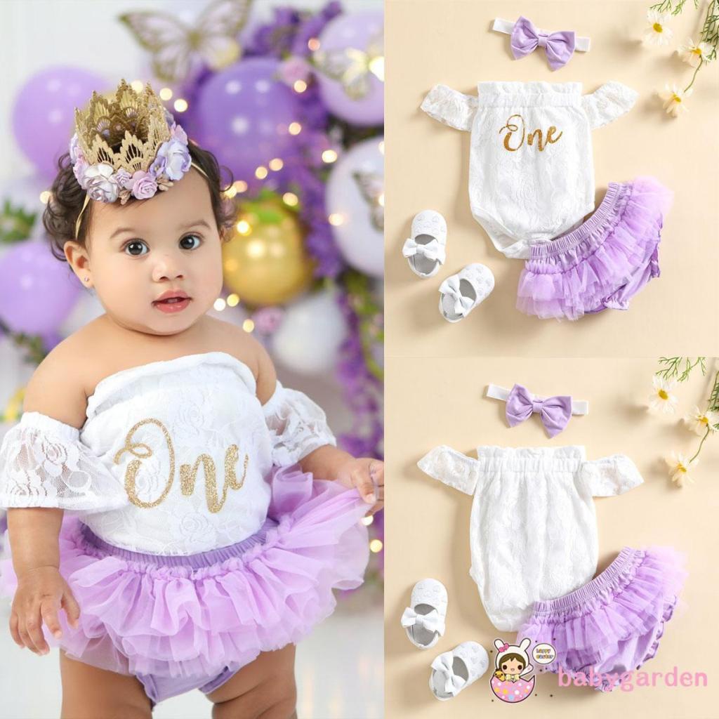 BABYGARDEN-0-24momths Baby Girl Outfits, Off Shoulder Short Sleeve Floral Lace Romper Ruffle Elastic Waist Shorts