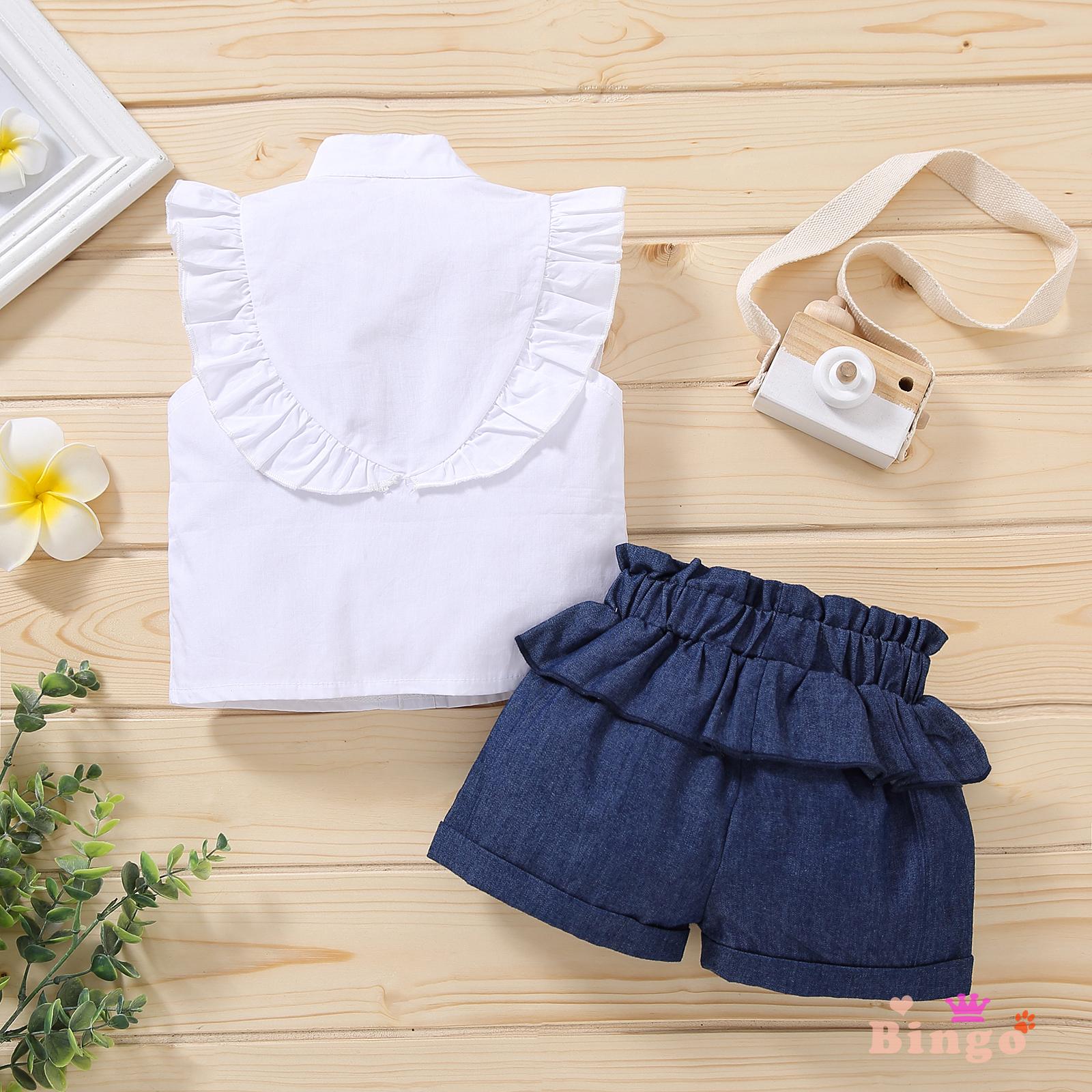 Set Áo Sơ Mi Thêu Hoa + Quần Short Jeans Đáng Yêu Cho Bé Gái