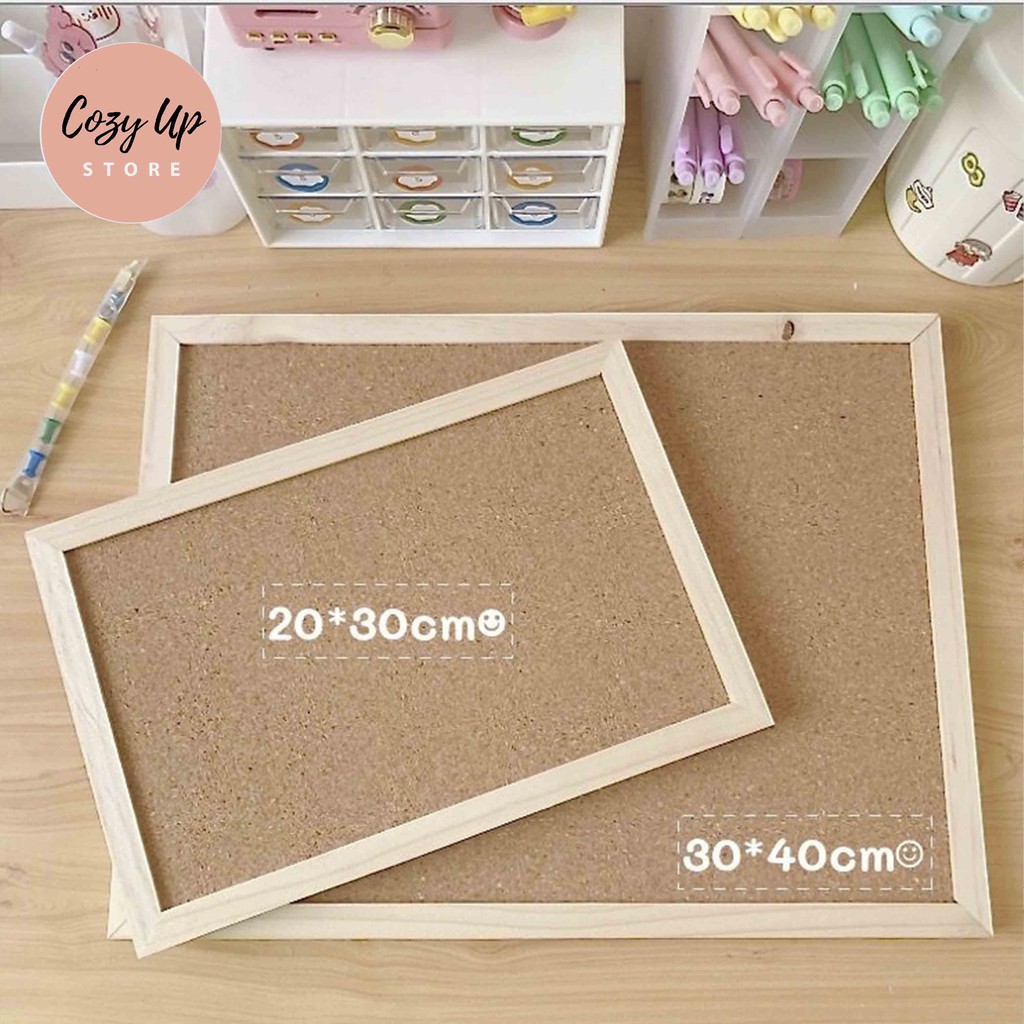 Bảng Ghim Bần Gỗ 30x40cm -Treo Tường Trang Trí - Tặng kèm phụ kiện dây treo + móc treo + sticker + ghim