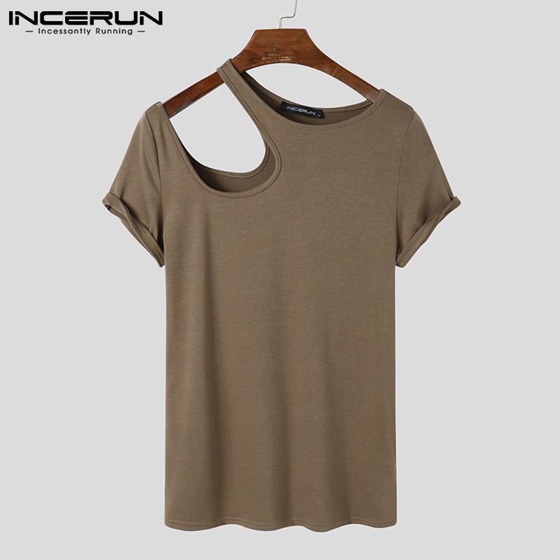 Áo kiểu INCERUN dành cho nam thiết kế tay ngắn cắt lỗ trơn màu thời trang