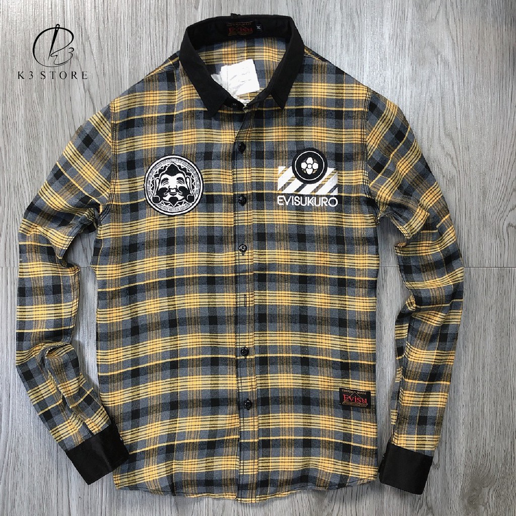 Áo thêu chữ sơ mi nam evisu thêu ông địa chỉ nổi chất kaki sơ mi caro sọc vàng đen dày dặn K3 STORE | BigBuy360 - bigbuy360.vn
