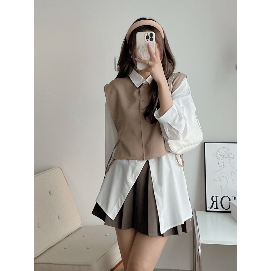 Set áo sơ mi 2 món mix áo gile buộc dây, set áo kiểu buộc dây 2 bên