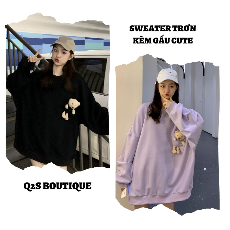 SWEATER NỮ TRƠN 3 MÀU GẤU TEDDY - ÁO SWEATER NỮ TRƠN DÁNG RỘNG TÚI GẤU