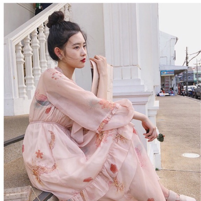 [HÀNG ORDER] Đầm maxi hoa tầng tay bồng nơ cổ vintage(Có ảnh thật)