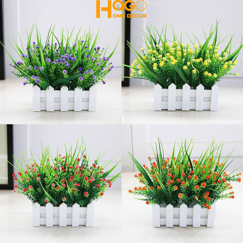 Hàng rào gỗ kích thước 10cm cắm sẵn nhiều mẫu hoa giả trang trí bàn học, bàn tra, kệ tủ, bàn cafe