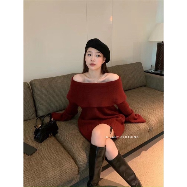 Váy trễ vai len mặc 2 kiểu noel tết