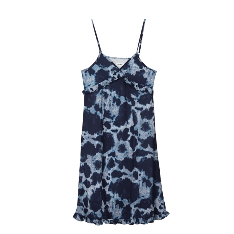 (HÀNG SẴN) Váy hai dây mùa hè suông dài họa tiết loang màu xanh bò sữa nhún bèo style retro Hàn Quốc | BigBuy360 - bigbuy360.vn