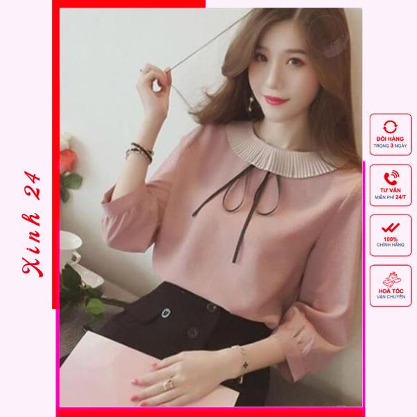 Áo kiểu , áo sơ mi nữ công sở tay lửng cổ áo dập ly phong cách trẻ trung