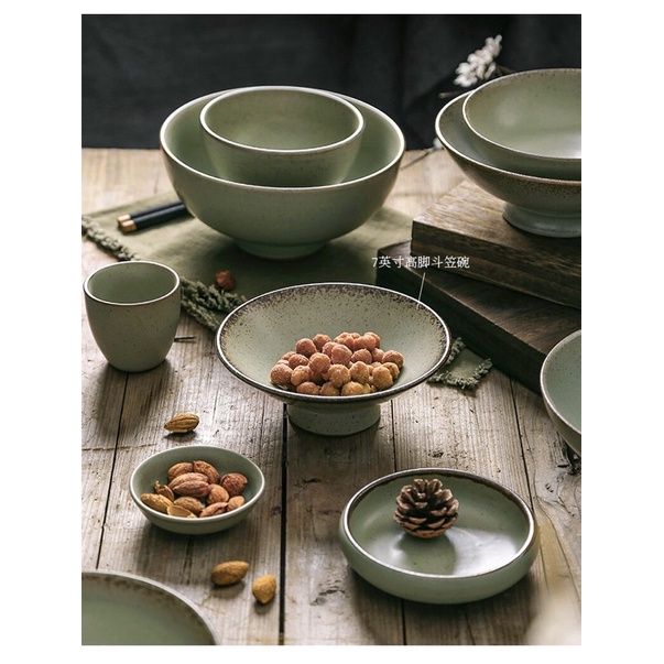 Bộ bát đĩa lẻ xanh nhám rustic Nhật Bản - Bộ gốm Nhật cổ cao cấp
