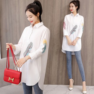 Áo sơ mi dáng dài thêu họa tiết lá cây thanh lịch dành cho nữ
