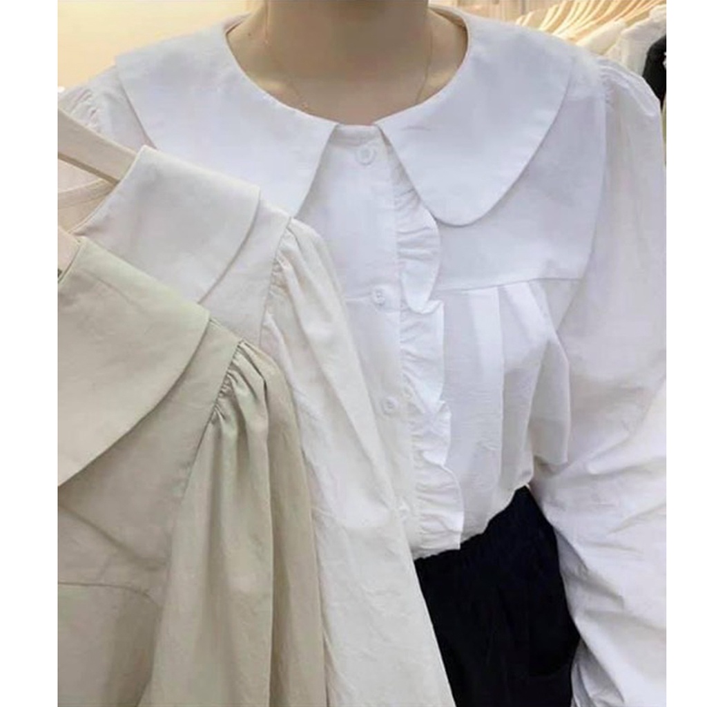 Áo sơ mi cổ sen phối bèo dọc Ulzzang (hàng QC) - Ảnh thật