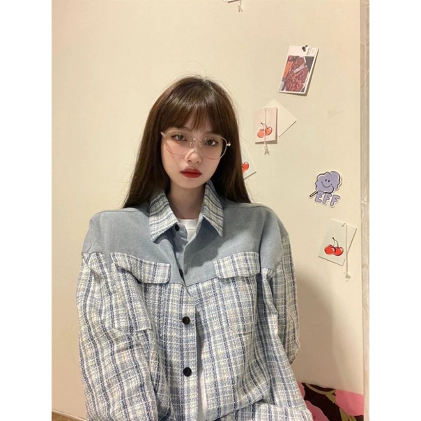 Áo khoác dạ sơ mi kẻ xanh có túi oder taobao