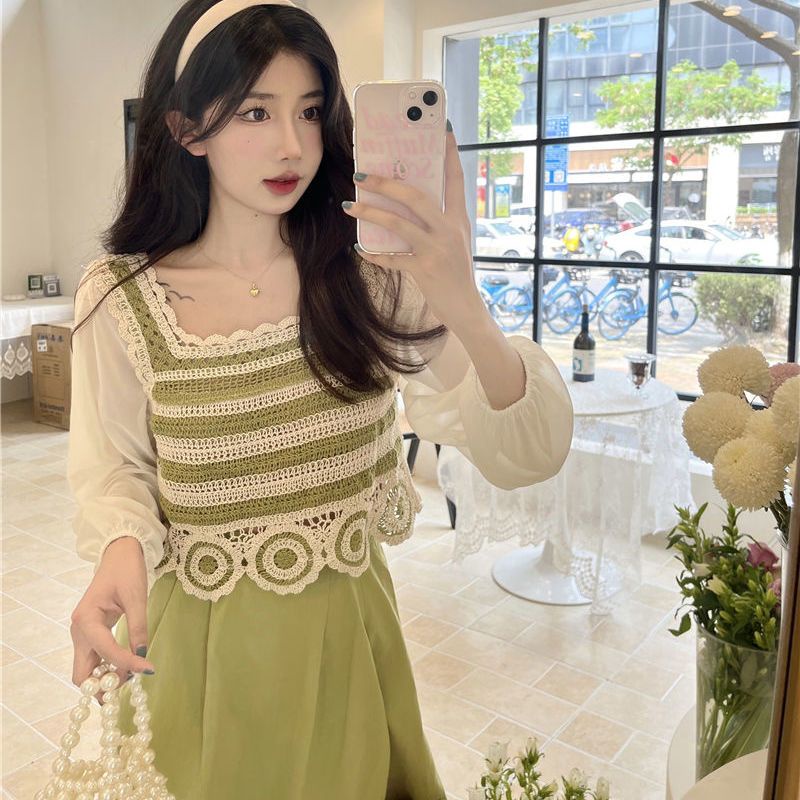 Áo Sơ Mi Chiffon Dệt Kim Tay Dài Cổ Vuông Phong Cách Hàn Quốc Thời Trang Mùa Thu Dành Cho Nữ