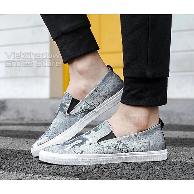 Slipon nam - Giày lười vải họa tiết hot trend - Chất liệu vải thô 2 màu xám xanh và xám trắng - Mã SP 1220 | BigBuy360 - bigbuy360.vn
