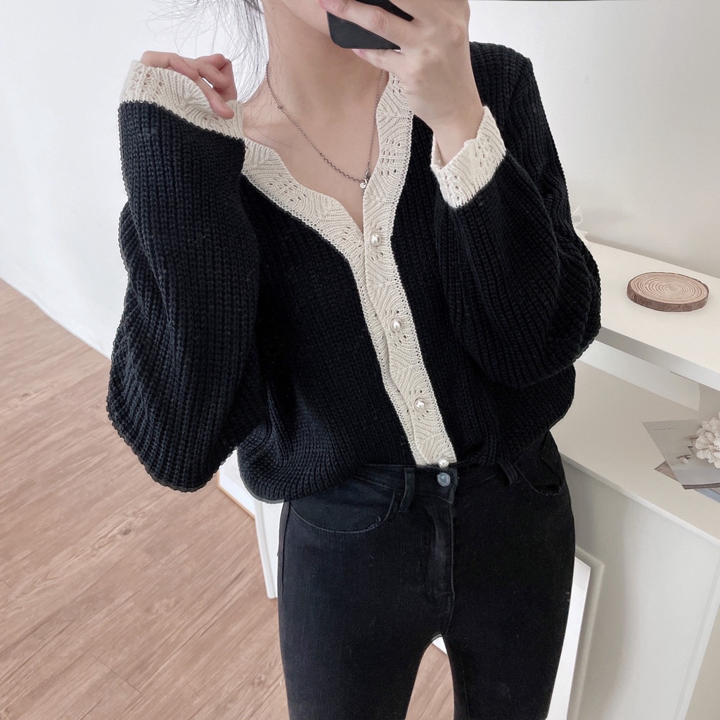 Áo khoác cardigan dệt kim tay dài cổ chữ V phối hàng nút thời trang cá tính 45439