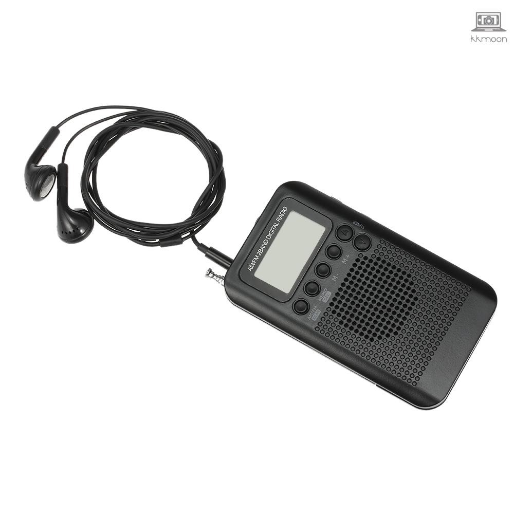 HRD-104 Portable AM/ FM Stereo Radio Pocket 2-Band Digital Tuning Radio Mini Receiver Outdoor Radio w/ Earphone Lanyard 1.3 Inch LCD Display Screen