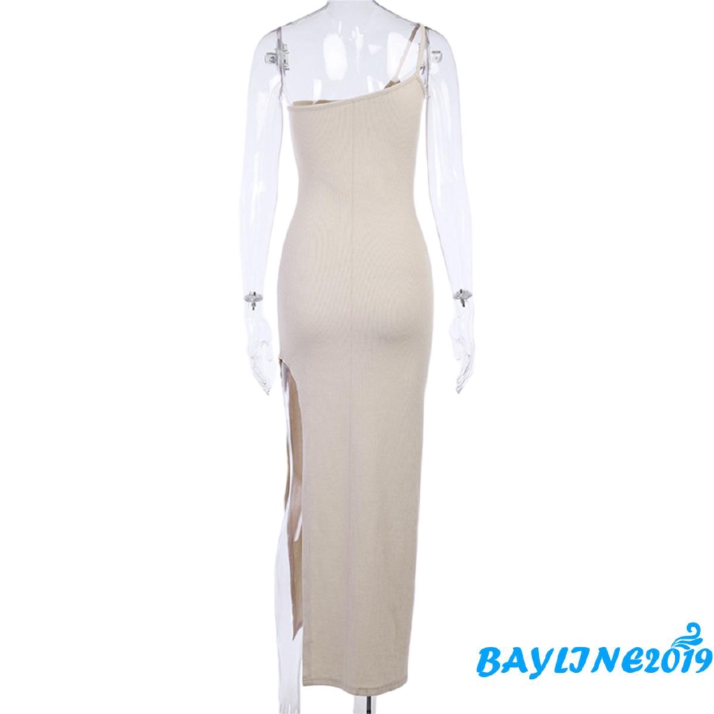 ❀ℳay-Women Sexy One Shoulder Split Solid Color Sling Bodycon Dress