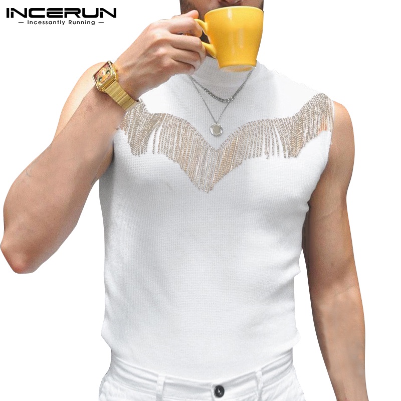 Áo thun ba lỗ INCERUN cổ cao phối tua rua kim loại thời trang cho nam
