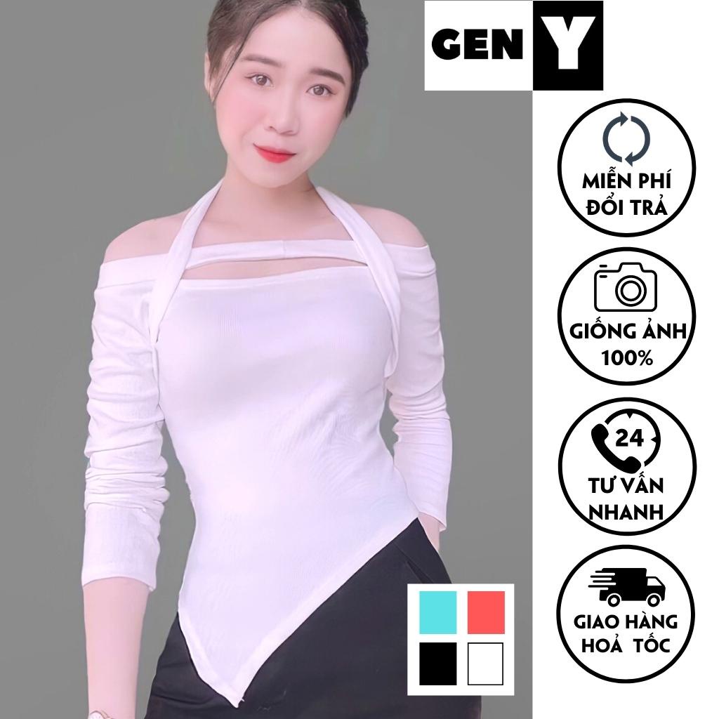 Áo croptop nữ kiểu ôm body khoét ngực GenY - Áo kiểu nữ tay dài trễ vai vạt chéo chất len tăm