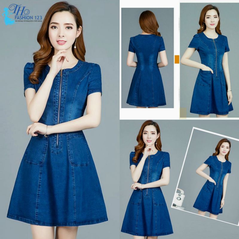 Đầm jean tay ngắn dáng xòe nhẹ