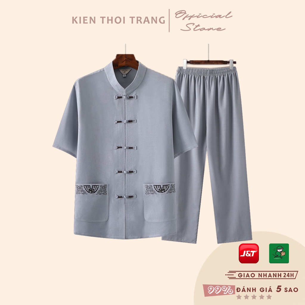 Bộ đũi nam cổ tàu trung niên - Bộ quần áo nam mặc nhà có size lớn