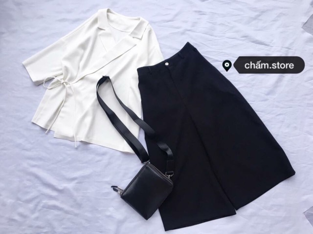 Áo sơ mi cổ vest buộc dây oversize (thiết kế)