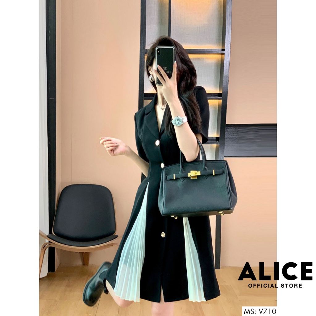 Đầm Công Sở Cổ Vest Phối Dập Ly ALICE V710, Váy Đen Thiết Kế Tôn Dáng Sang Trọng | BigBuy360 - bigbuy360.vn