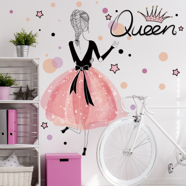 Decal trang trí tường - Chữ tiếng anh và cô gái váy hồng