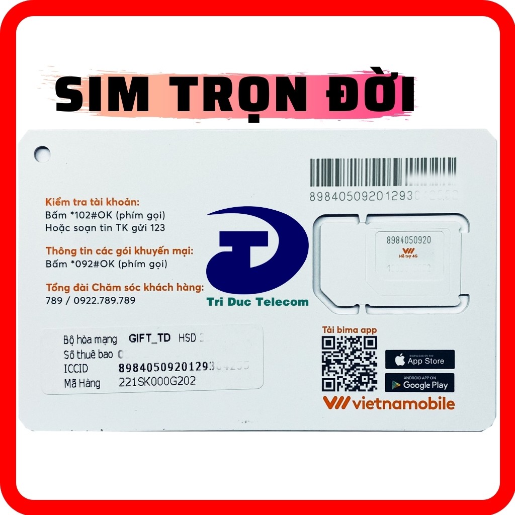 Sim 4G Trọn Đời Vietnamobile Có Sẵn 180Gb (6Gb/Ngày) - Free Gọi Nội Mạng - Tặng 3Gb Dùng Cả Năm - Phí Duy Trì Chỉ 50k