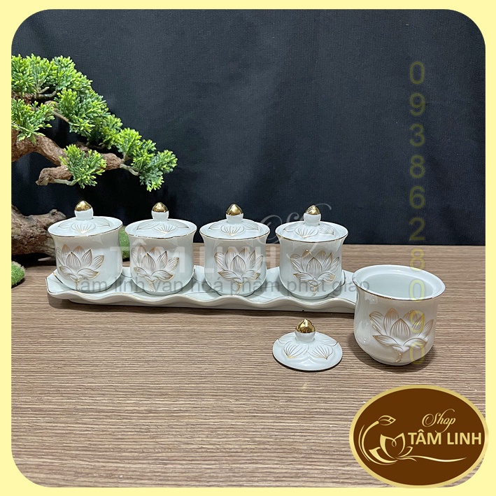 Bộ án 5 ly nước thờ cúng có nắp _ Sứ Bạch Ngọc Sen Nổi Cao Cấp - Loại 1