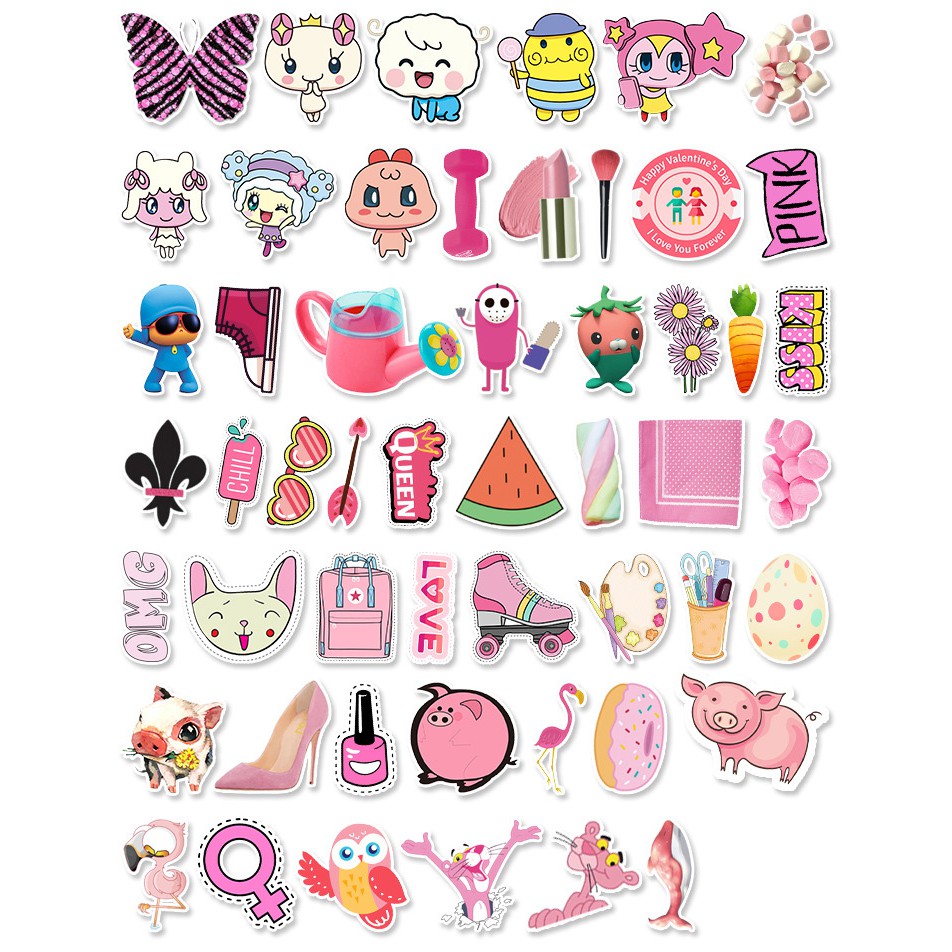 Bộ Sticker hồng dễ thương dán trang trí laptop, mũ nón bảo hiểm, vali, xe tay ga, ván trượt - DB.034