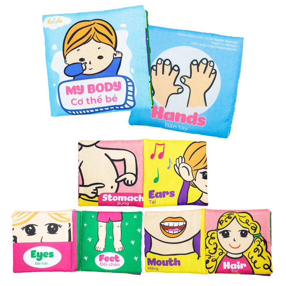 Hộp 4 sách vải đầu đời Lalala baby, âm thanh sột soạt, giúp bé phát triển thị giác, học về hình khối, cảm xúc và cơ thể